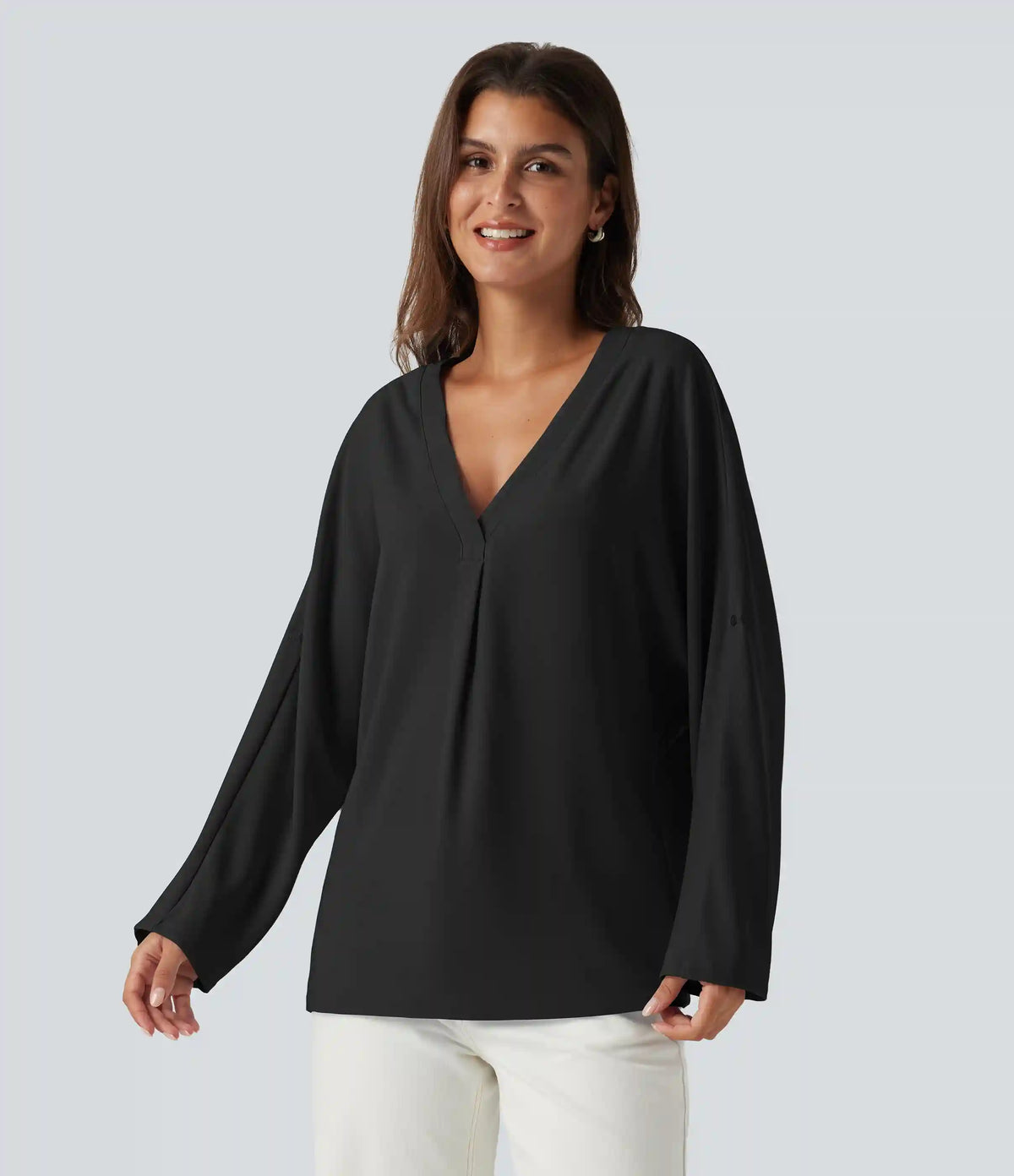 V Neck Batwing Long Sleeve Work Blouse