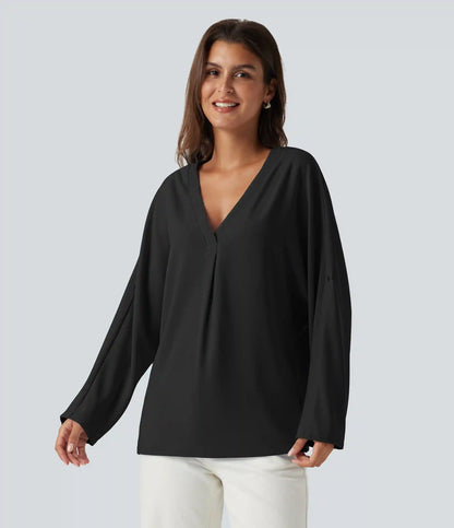 V Neck Batwing Long Sleeve Work Blouse