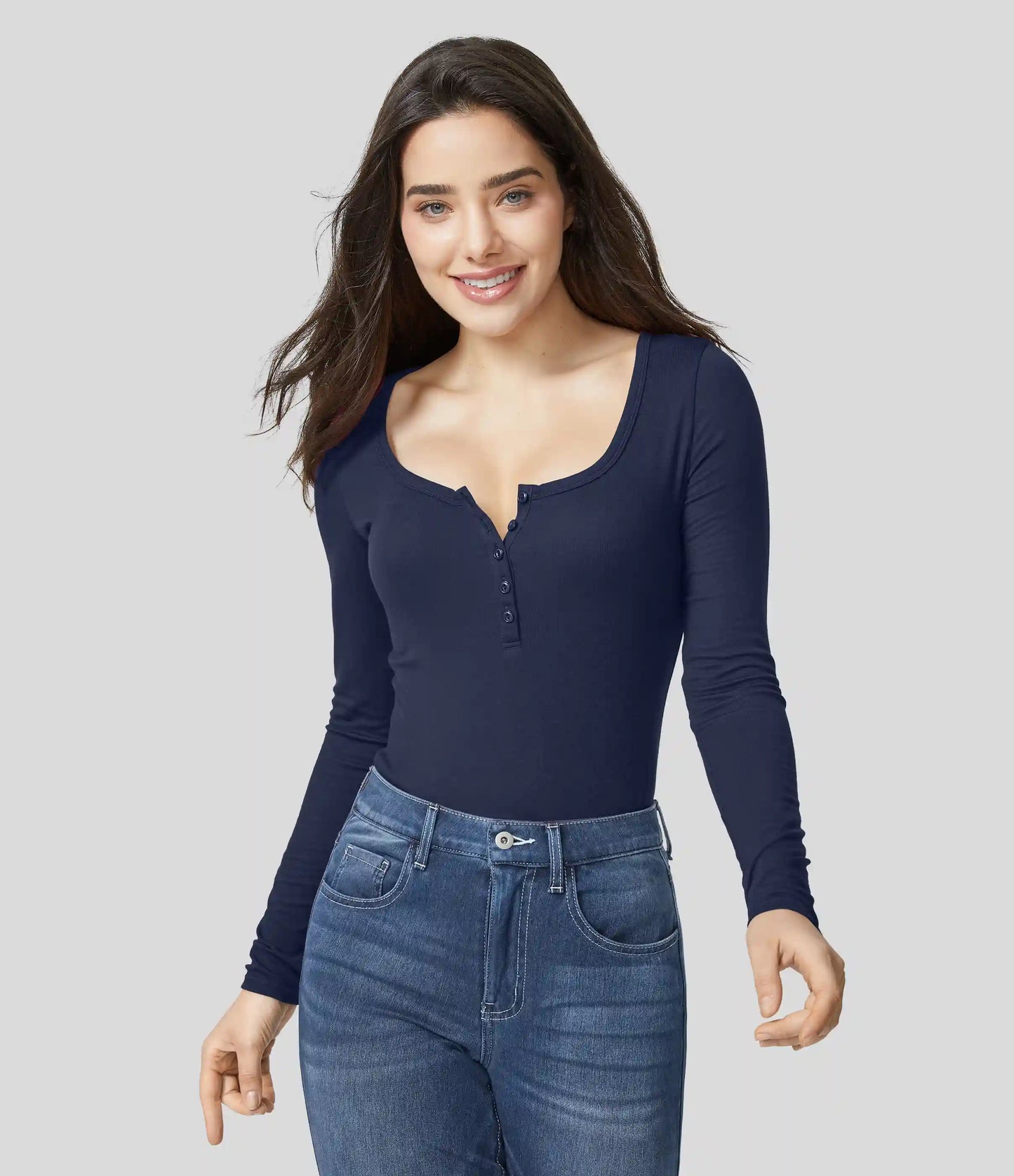 Ribbed Henley Neck Long Sleeve Slim Casual T-Shirt