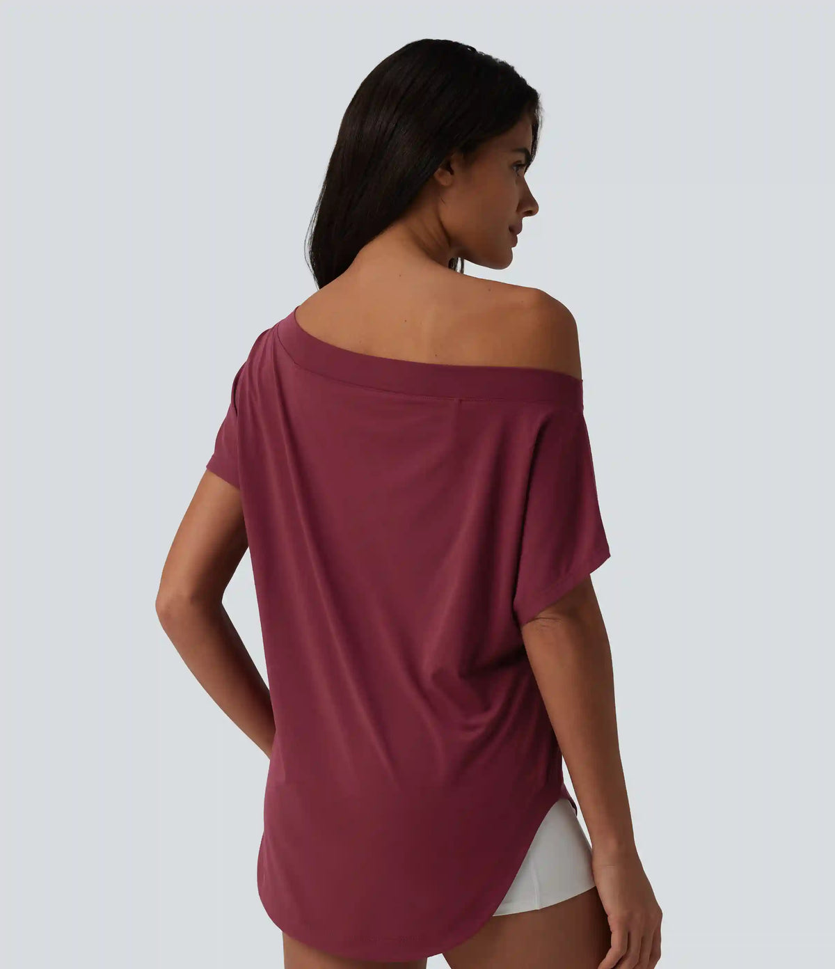 One Shoulder Short Sleeve Curved Hem High Low Quick Dry Yoga Sports Top-Built-in Bra