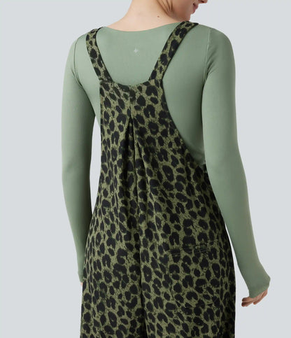 Leopard Print Waffle Casual Overalls with Pockets
