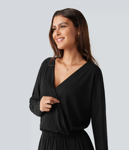 V Neck Long Sleeve Work Jumpsuit with Pockets