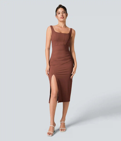 SoftlyZero™ Airy Square Neck Backless Corset Ruched Split Bodycon Midi InstantCool Bridesmaid and Wedding Guest Dress