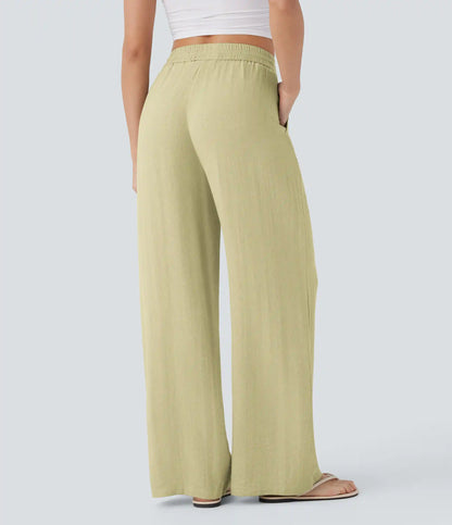 High Waisted Drawstring Pocket Wide Leg Baggy Casual Linen-Feel Pants