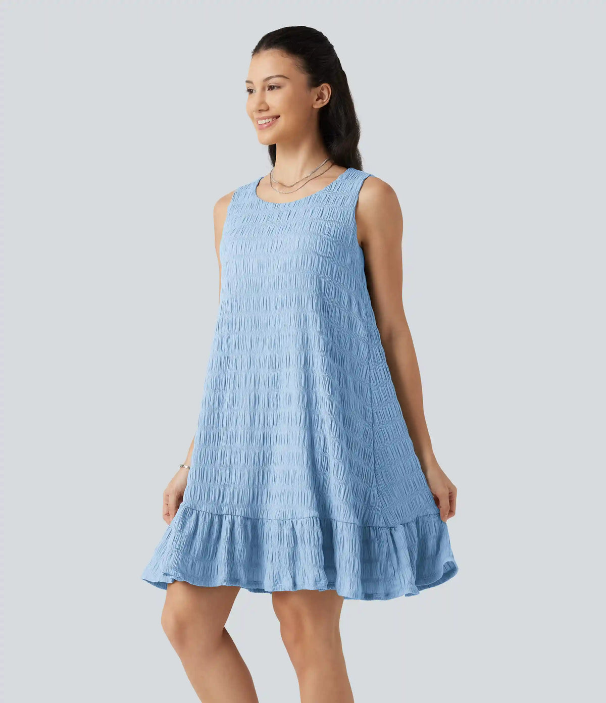 Round Neck Built-in Bra Sleeveless Ruffle Hem Mini Casual Dress DD-F Cups