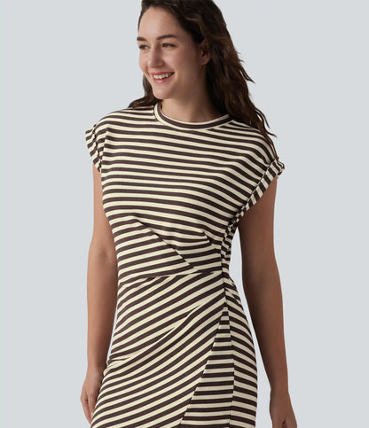 Round Neck Short Sleeve Asymmetrical Split Hem Stripes Waffle Casual Midi T-Shirt Dress