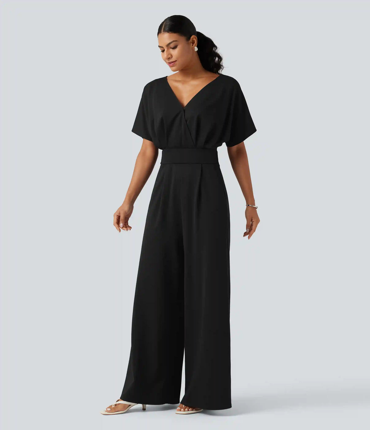V Neck Short Sleeve Ruched Wide Leg Casual Jumpsuit with Pockets -Easy Peezy Edition