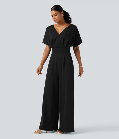 V Neck Short Sleeve Ruched Wide Leg Casual Jumpsuit with Pockets -Easy Peezy Edition