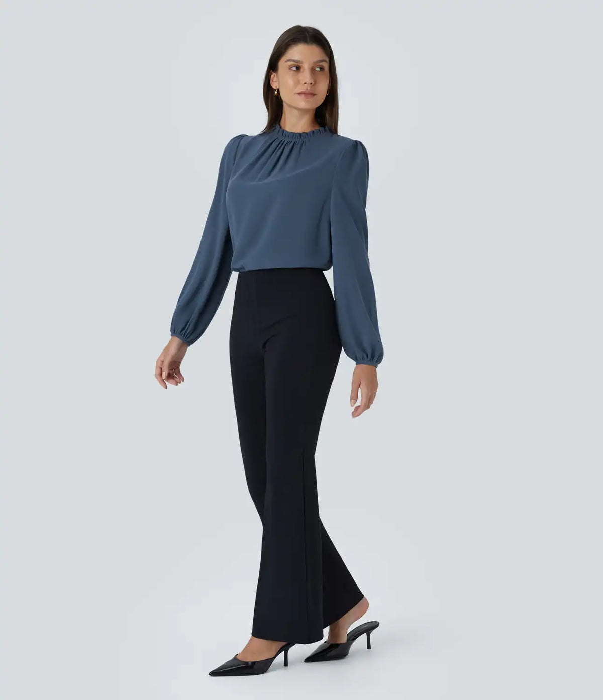 Frill Round Neck Keyhole Back Long Sleeve Work Blouse