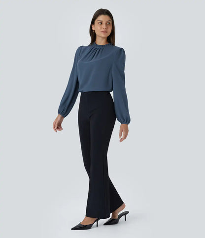 Frill Round Neck Keyhole Back Long Sleeve Work Blouse