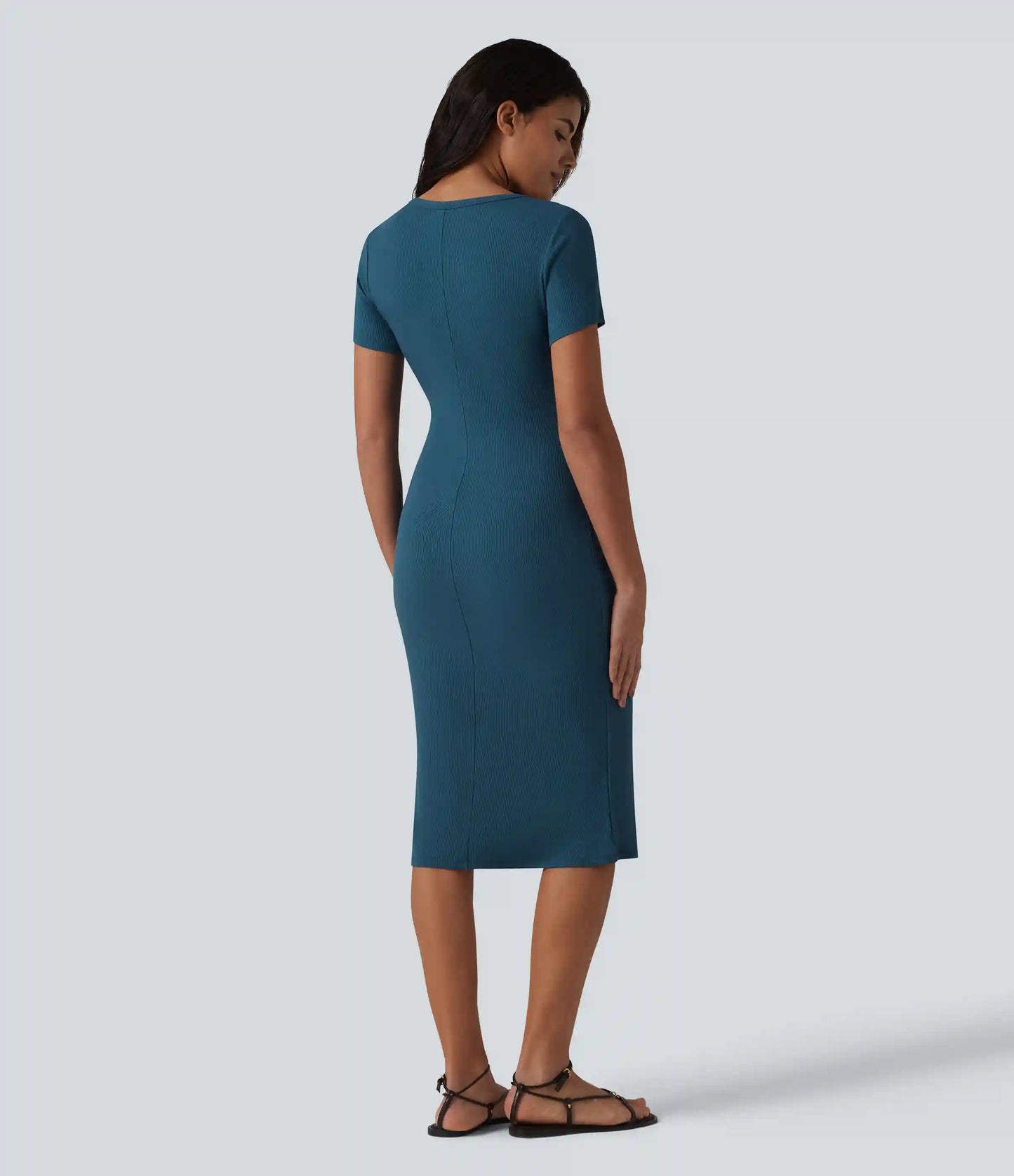Ribbed Knit Henley Short Sleeve Midi Bodycon Mermaid Casual Dress