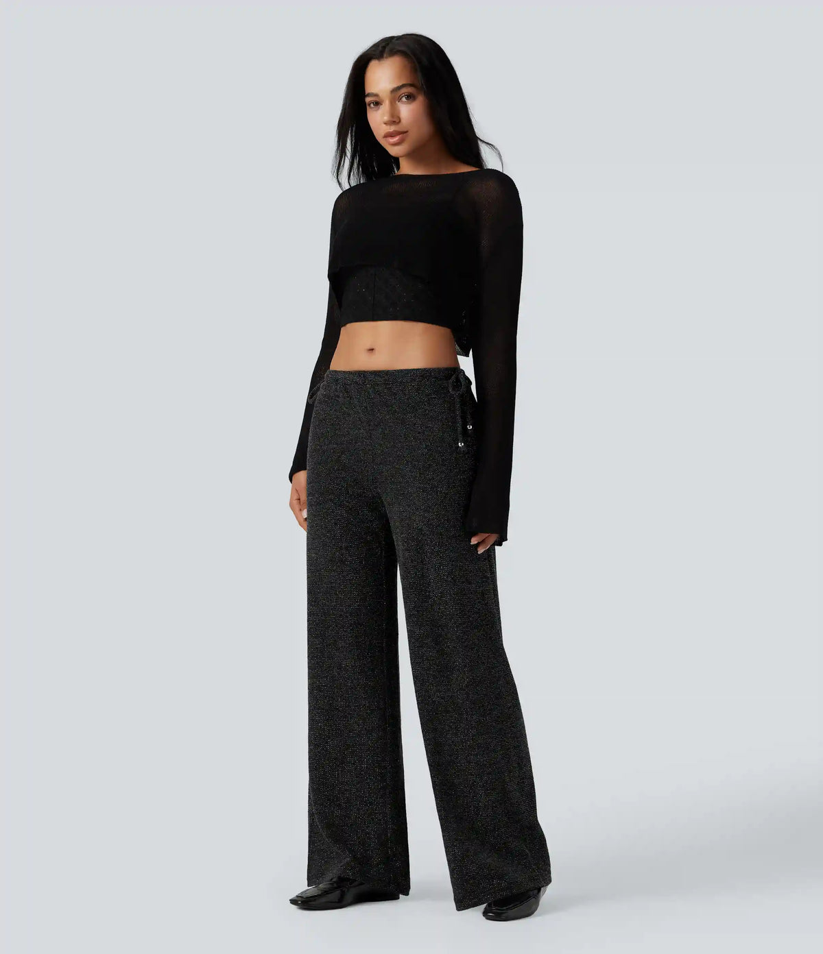 Ribbed Knit Sparkle Mid Rise Drawstring Wide Leg Casual Pants with Pockets