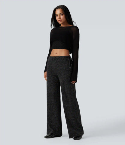 Ribbed Knit Sparkle Mid Rise Drawstring Wide Leg Casual Pants with Pockets