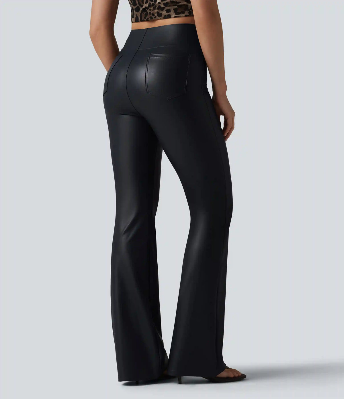 High Waisted Bootcut Stretchy PU Casual Pants with Pockets