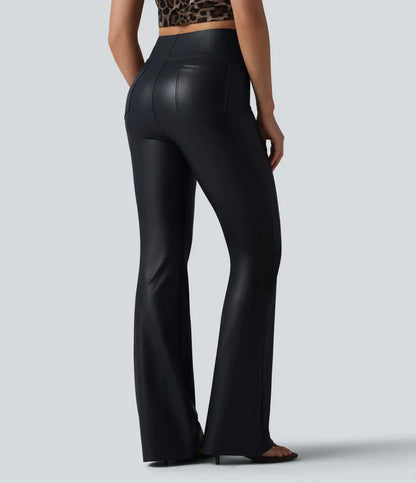 High Waisted Bootcut Stretchy PU Casual Pants with Pockets