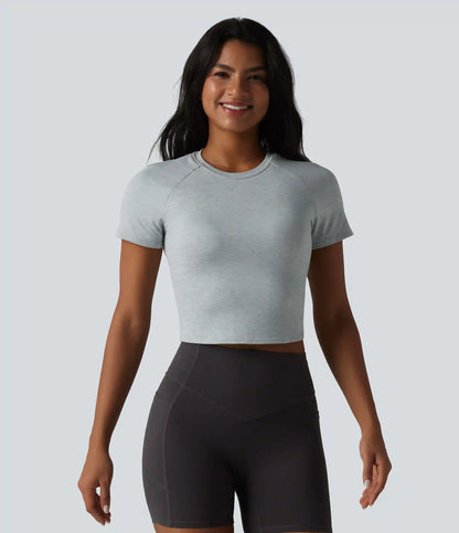 Round Neck Short Sleeve Built-in Bra Yoga Sports Top