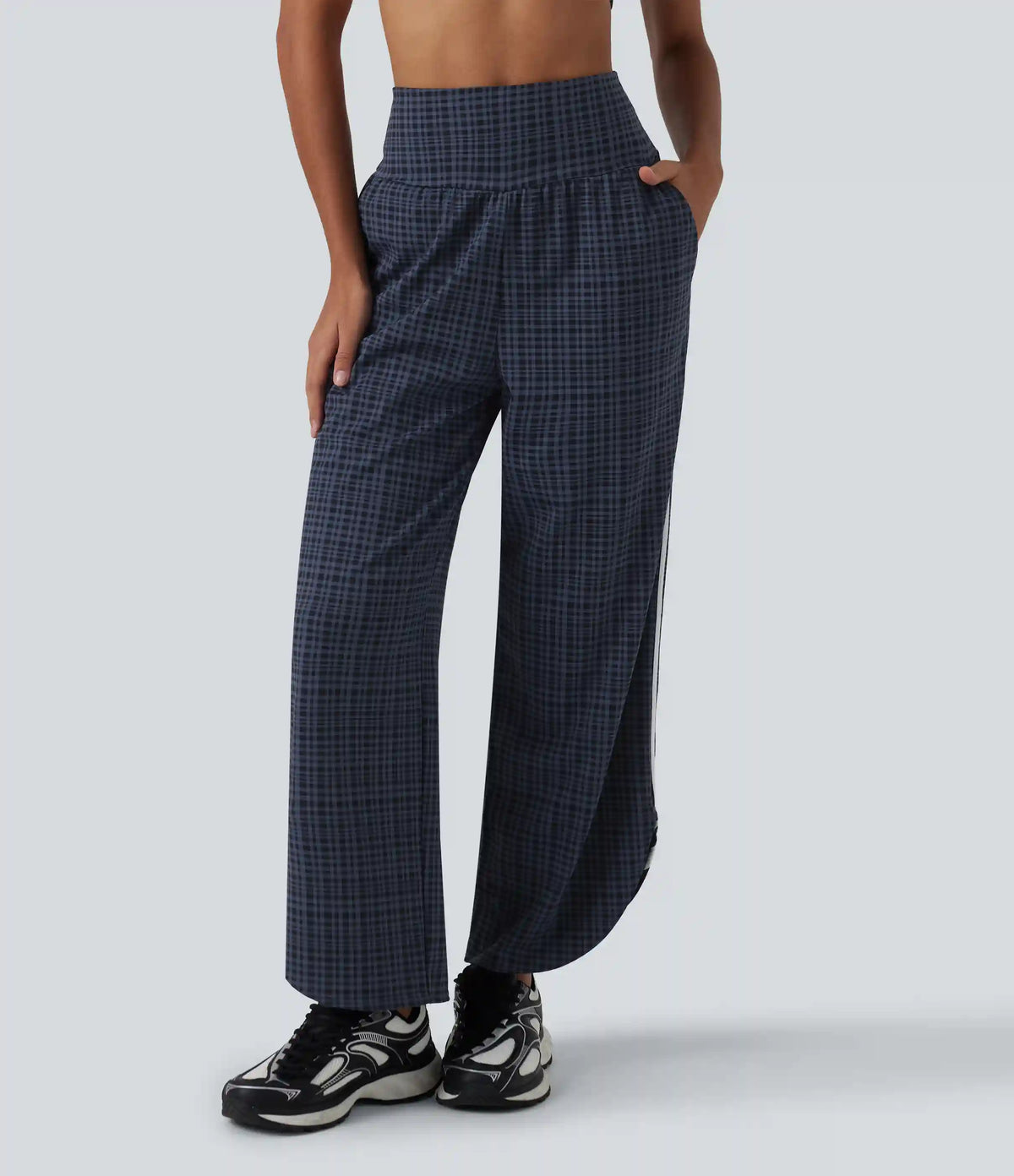 High Waisted Tummy Control Plaid Wide Leg Running Pants with Pockets