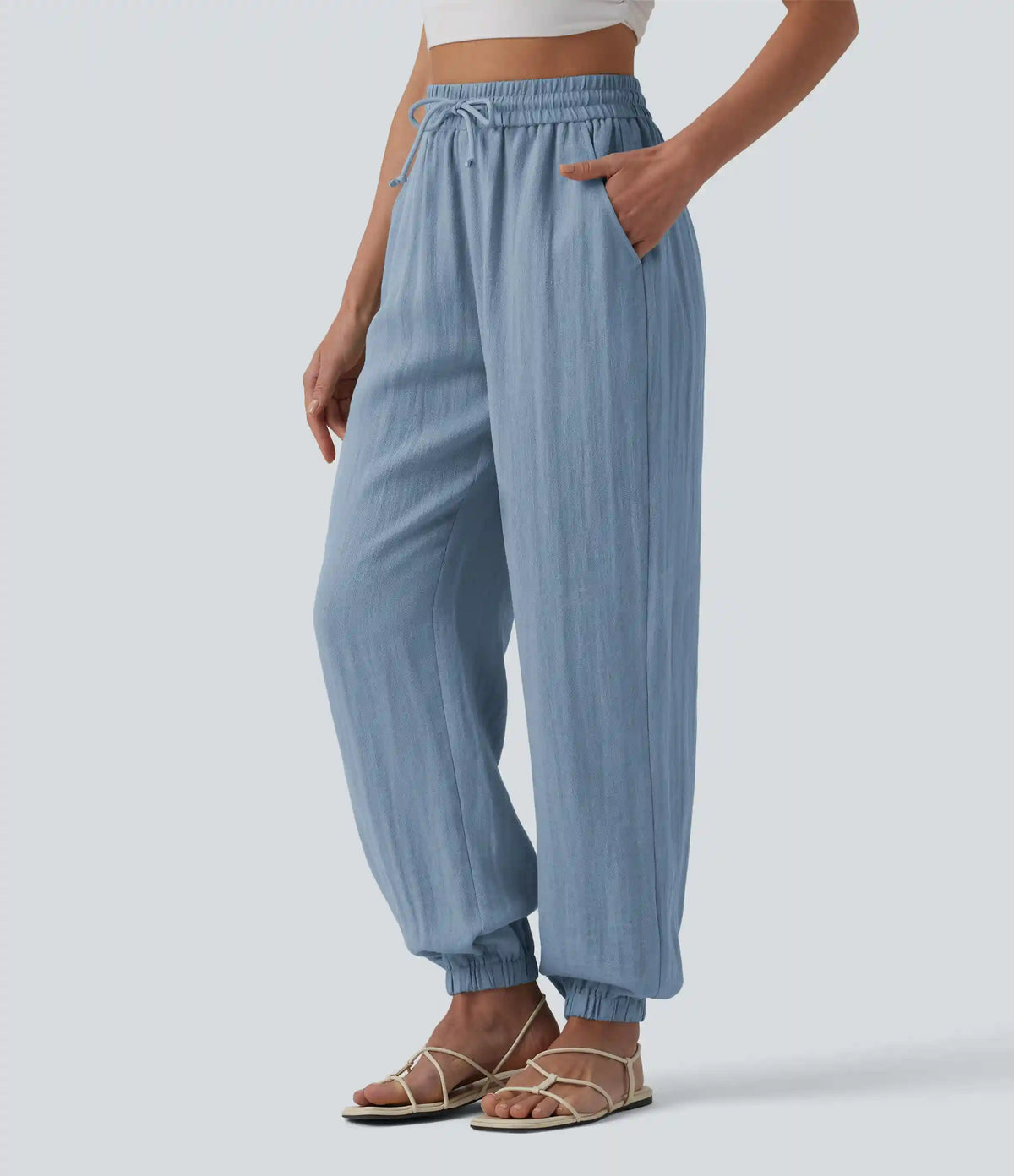 High Waisted Drawstring Wide Leg Casual Linen-Feel Joggers with Pockets