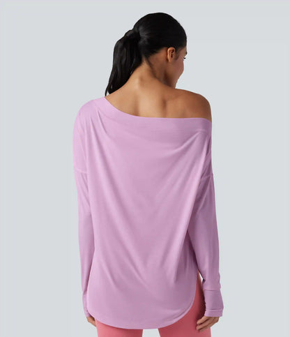 One Shoulder Long Sleeve Thumb Hole Curved Hem High Low Quick Dry Yoga Sports Top-Built-in Bra