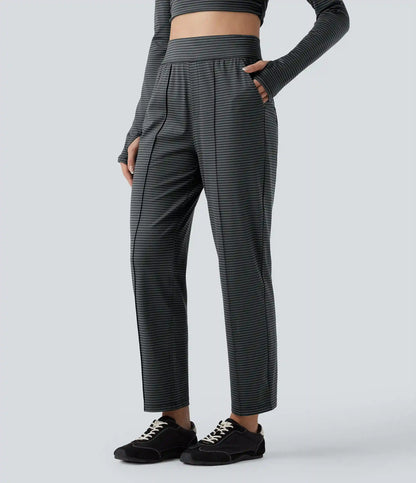 High Waisted Stripes Workout Tapered Pants with Pockets