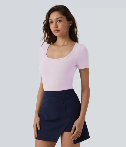 U Neck Short Sleeve Snap Skinny Work Bodysuit