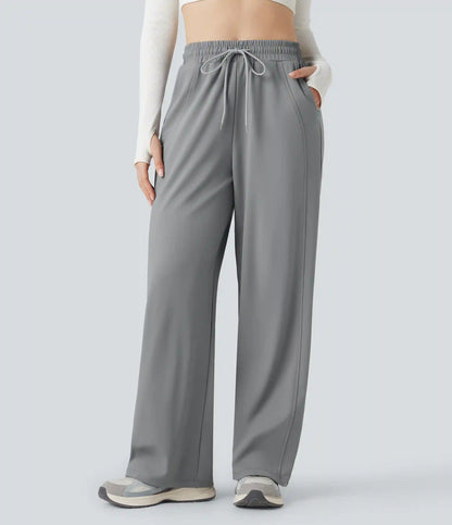 High Waisted Drawstring Straight Leg Yoga Pants with Pockets