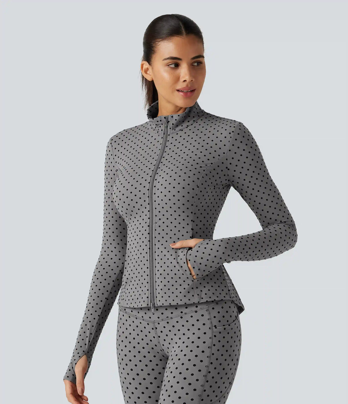 Halara UltraSculpt™ Stand Collar Long Sleeve Thumb Hole Pleated Polka Dot Yoga Jacket with Pockets