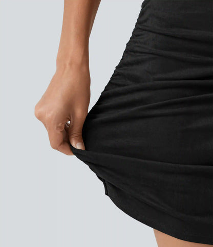 High Waisted Tummy Control Ruched Curved Hem Bodycon 2-in-1 Suede Mini Skirt-Longer Length