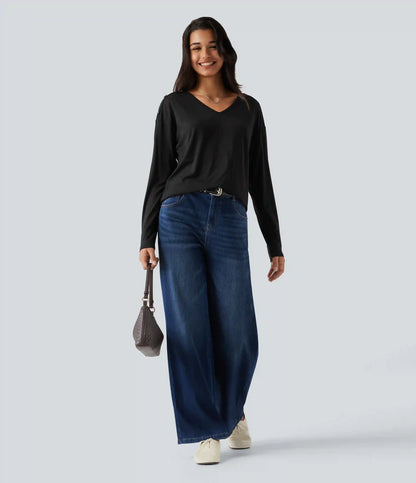 V Neck Dropped Long Sleeve Casual T-Shirt