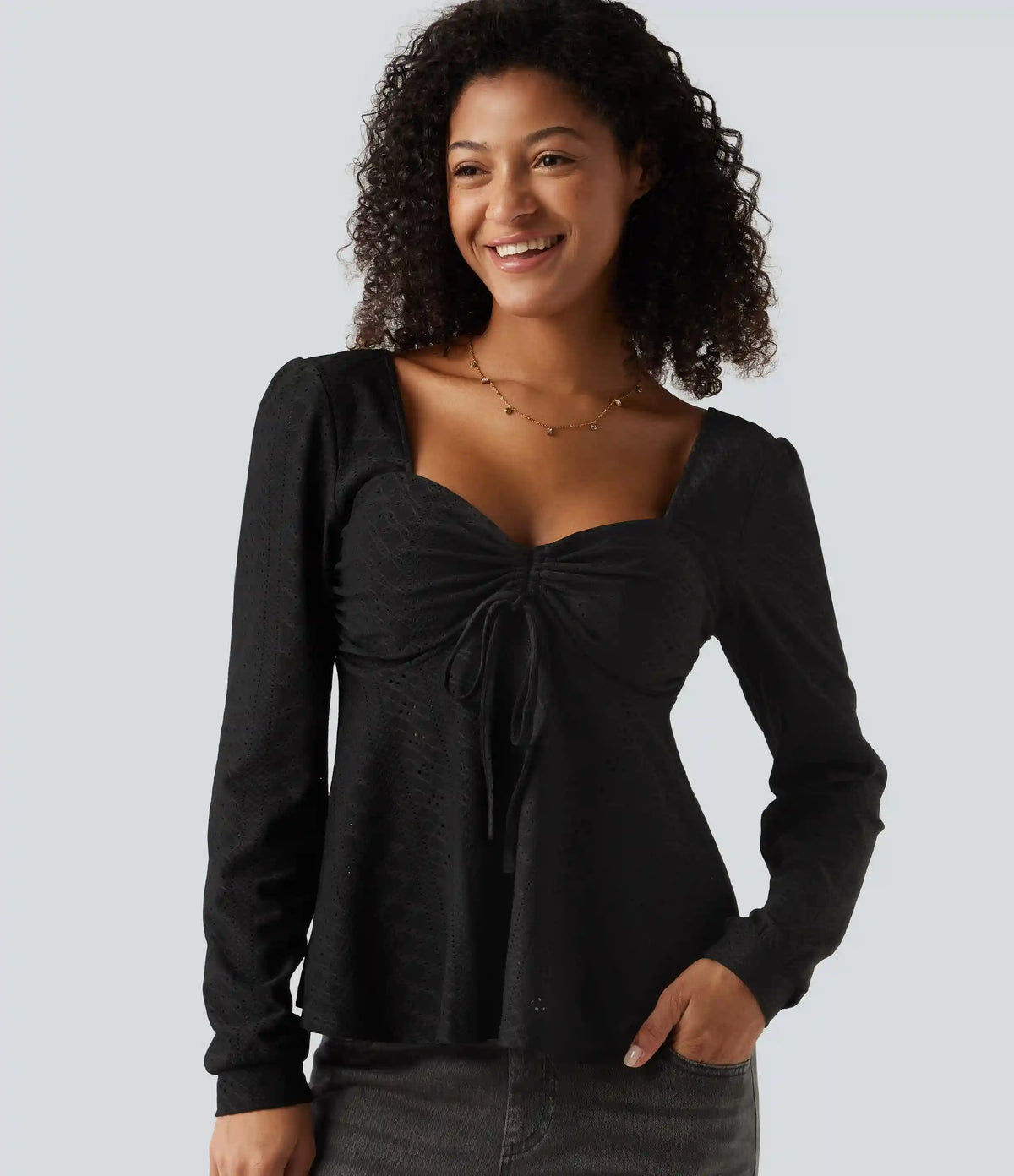 Sweetheart Neck Long Sleeve Lace Up Built-in Bra Eyelet Casual Top