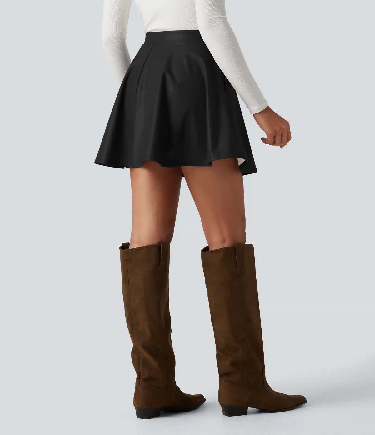 High Waisted 2-in-1 A Line Mini Fleece Casual PU Leather Skirt with Pockets