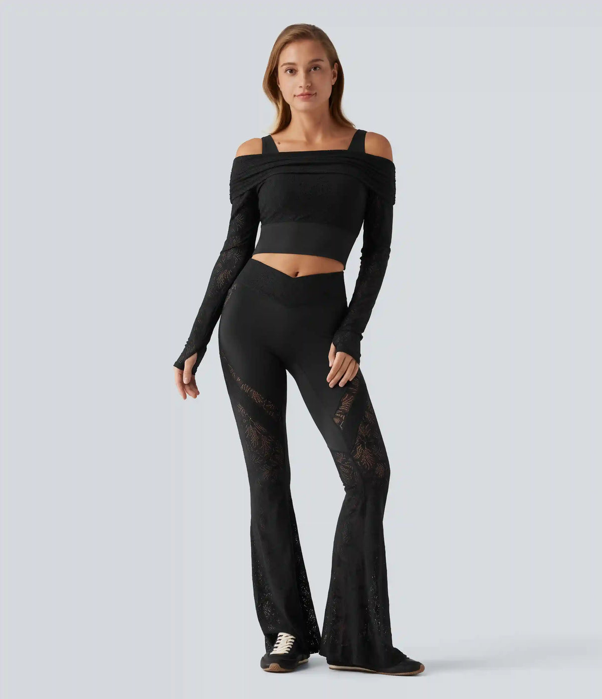 SoftlyZero™ Off Shoulder Long Sleeve Contrast Lace Yoga Sports Top with Built-in Bra