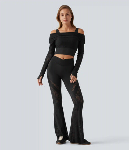 SoftlyZero™ Off Shoulder Long Sleeve Contrast Lace Yoga Sports Top with Built-in Bra