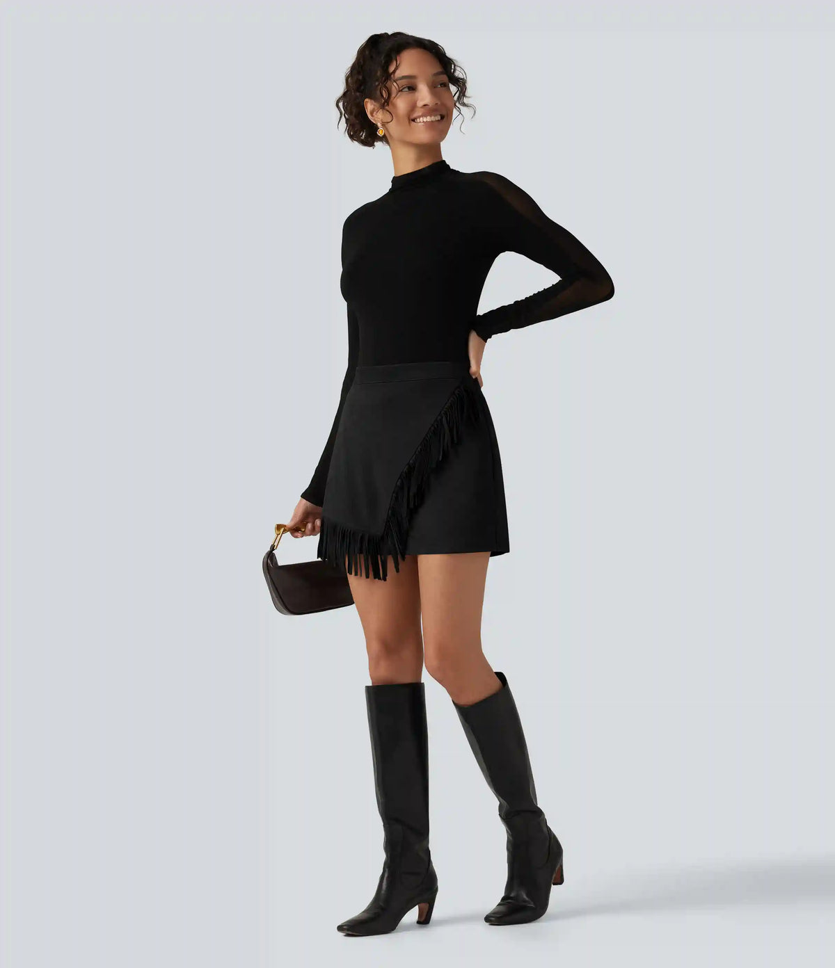 High Waisted A Line 2-in-1 Fringe Hem Asymmetric Mini Suede Party Skirt