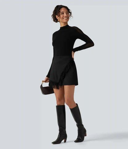 High Waisted A Line 2-in-1 Fringe Hem Asymmetric Mini Suede Party Skirt