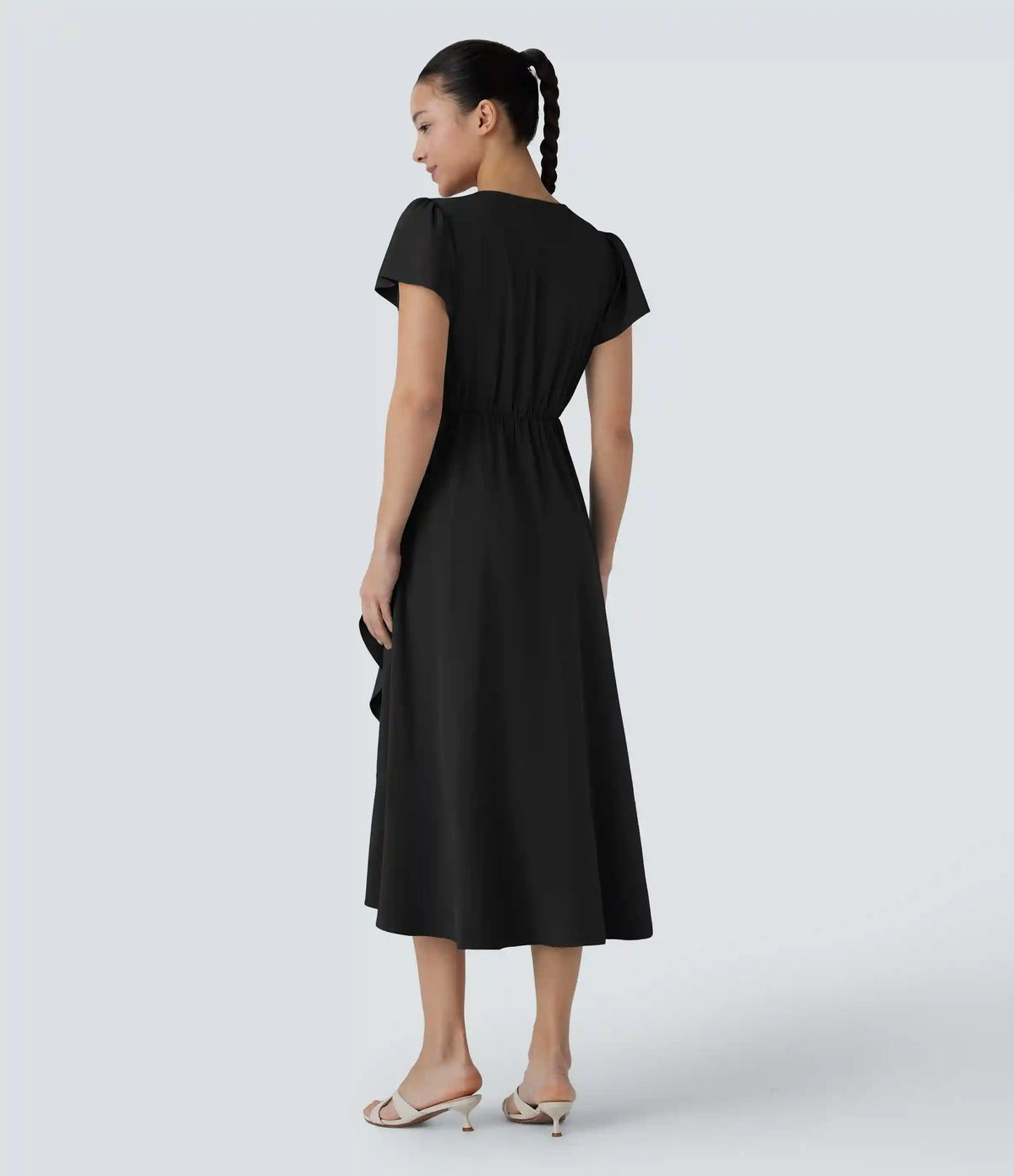 Breezeful™ V Neck Short Sleeve Wrapped Tie Pocket Ruffle Flowy Quick Dry Midi Casual Dress