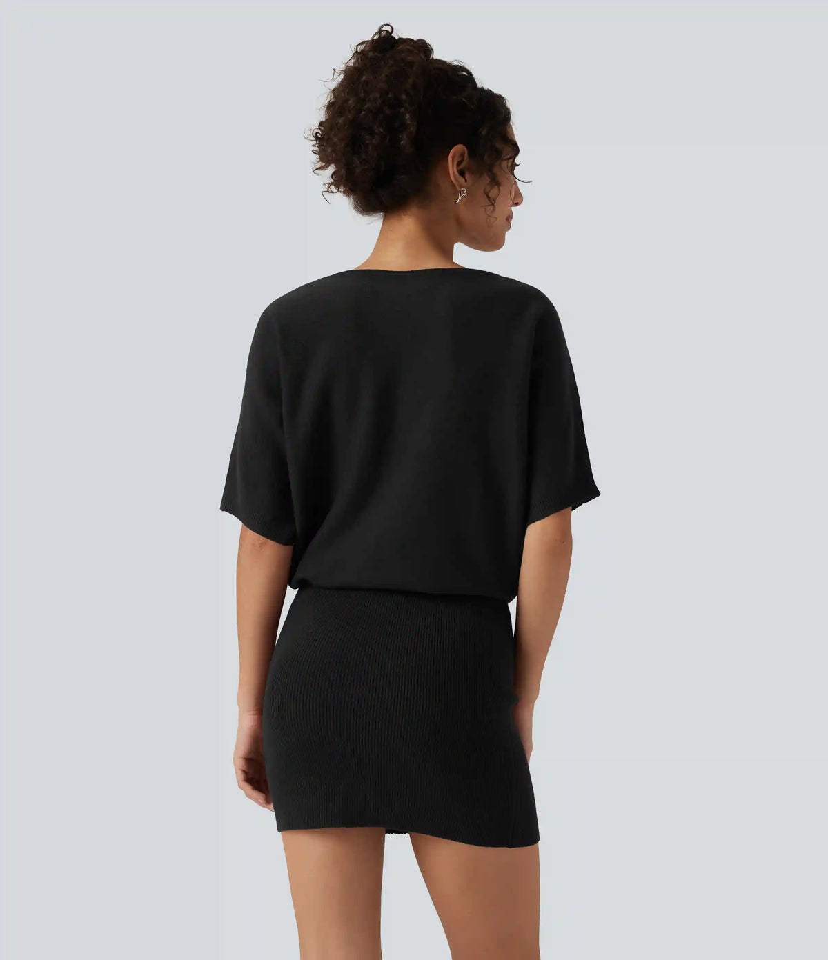 Ribbed Knit Boat Neck Batwing Short Sleeve Loose fit Mini Casual Dress