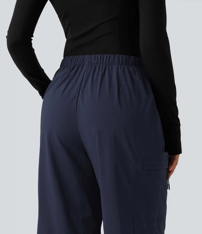 Mid Rise Drawstring Ruched Wide Leg Hiking Pants with Pockets