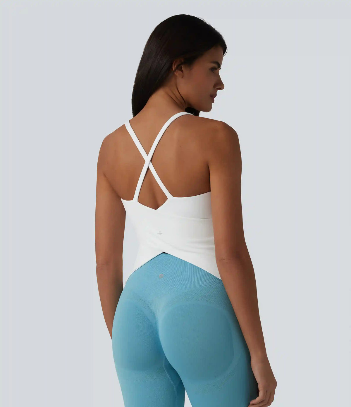 Scoop Neck Crisscross Back Crossover Hem Built-in Bra Yoga Cami Top DD-F Cups