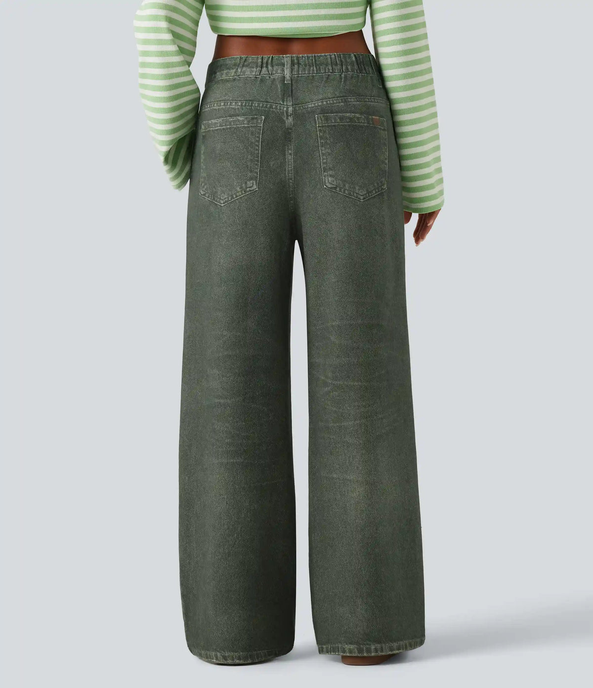 Mid Rise Wide Leg Denim Print French Terry Casual Jeans with Pockets