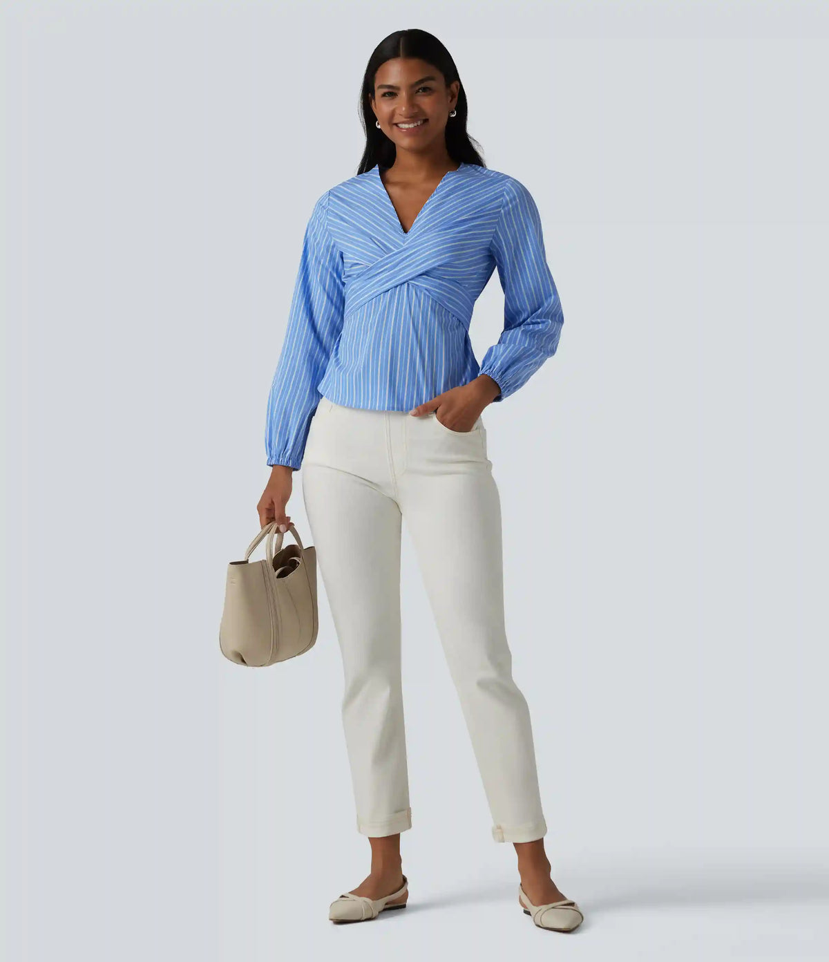 V Neck Long Sleeve Tie Back Stripe Work Blouse