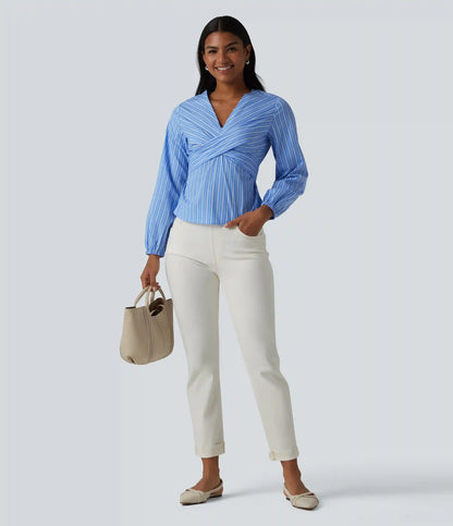 V Neck Long Sleeve Tie Back Stripe Work Blouse