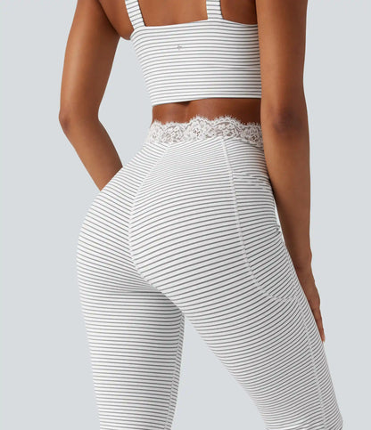 V-Shaped High Waisted Contrast Lace Stripe Yoga Flare Leggings with Pockets