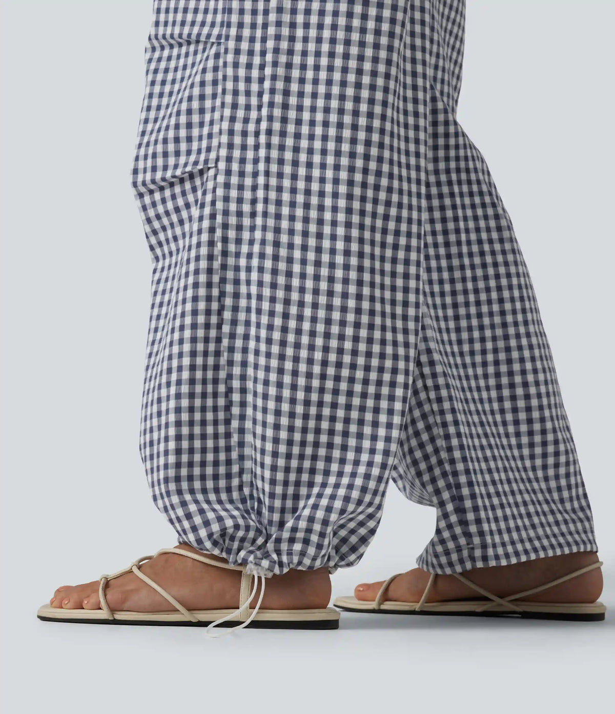 Mid Rise Drawstring Baggy Gingham Casual Pants with Pockets