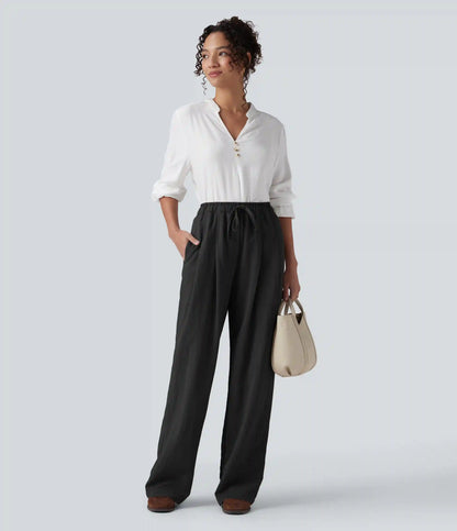 High Waisted Drawstring Straight Leg Work Pants with Pockets