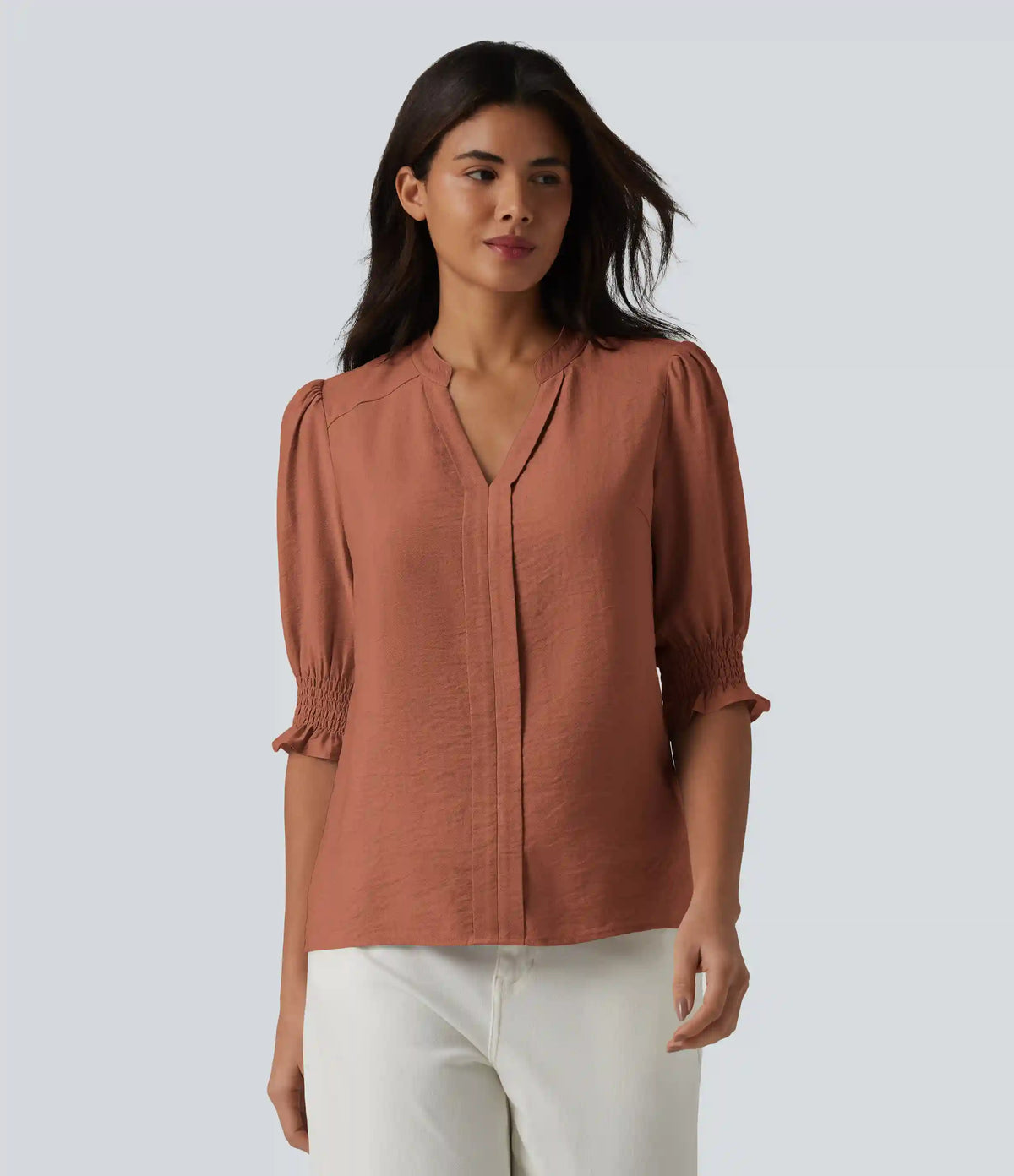 V Neck Puff Short Sleeve Casual Blouse