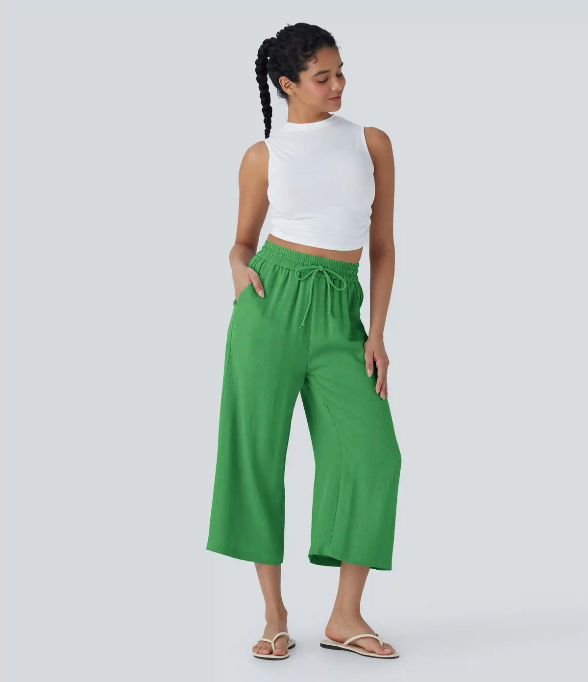 High Waisted Drawstring Wide Leg Cropped Casual Linen-Feel Pants with Pockets