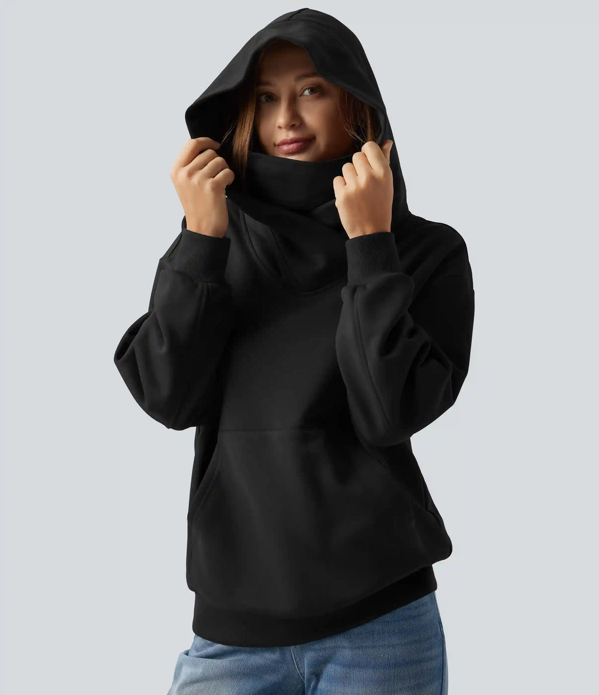 Hooded Crossover Dropped Long Sleeve Fleece Casual Sweatshirt with Pocket