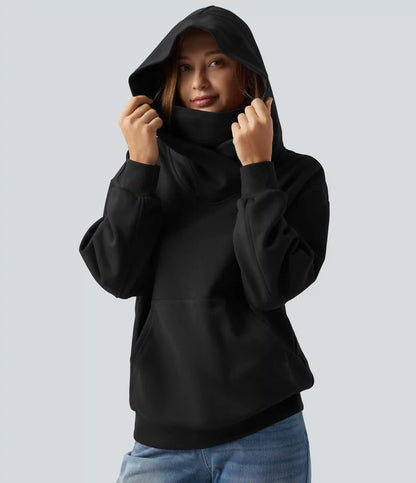 Hooded Crossover Dropped Long Sleeve Fleece Casual Sweatshirt with Pocket