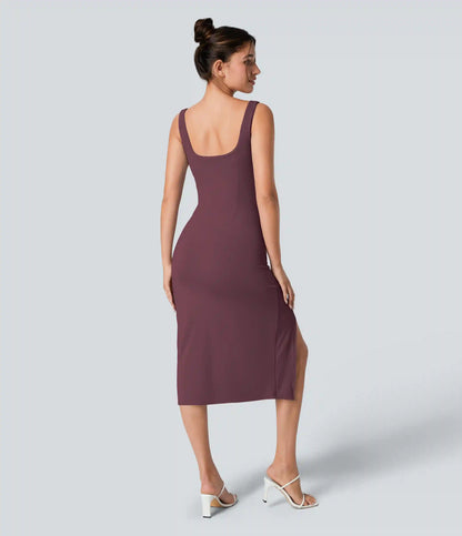 SoftlyZero™ Airy Square Neck Backless Corset Ruched Split Bodycon Midi InstantCool Bridesmaid and Wedding Guest Dress